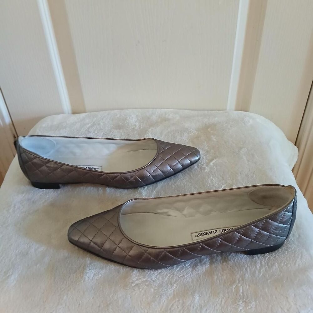 Manolo Blahnik Giungla Silver Quilted Leather Square Toe Ballet Flats 39 Luxury - Picture 4 of 8